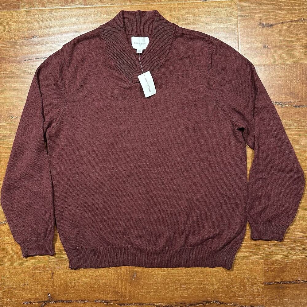 Sun + Stone Shawl Sweater Mens XL Maroon Knit Pullover Sweatshirt Retro Luxury